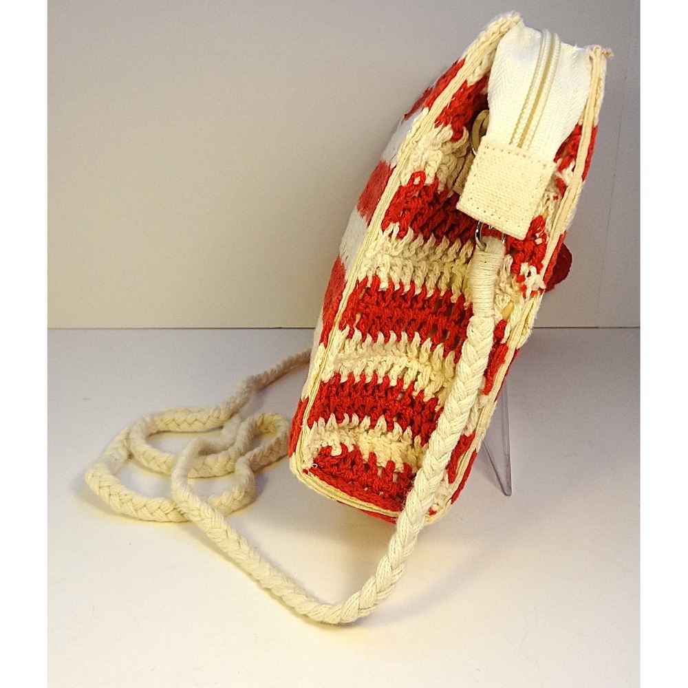 Red Striped Woven Crochet Crossbody Bag Purse with‎ Pom Poms Zipper Closure NWT - Picture 2 of 7